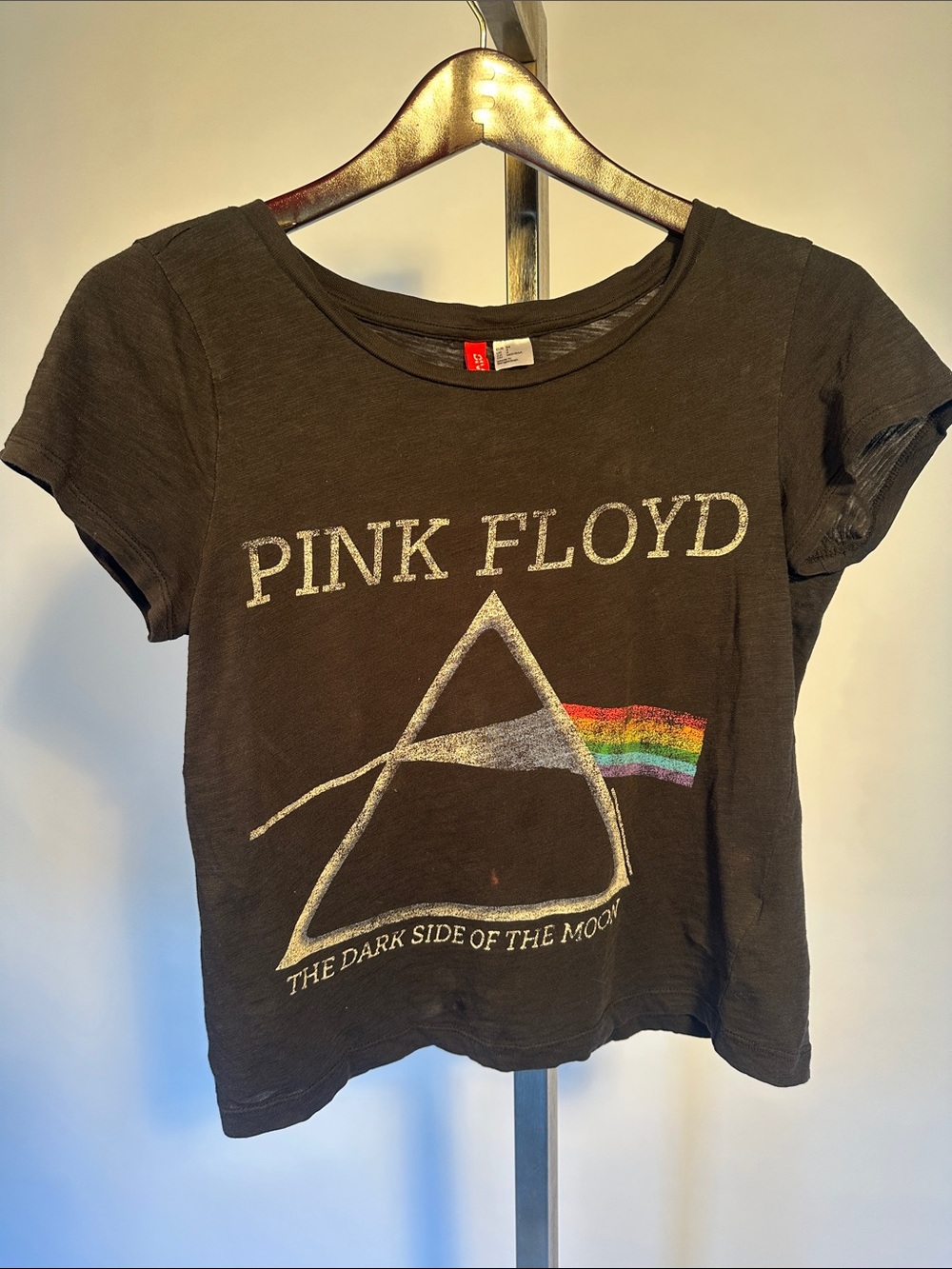 Pink Floyd Black cropped vintage look Tee with Prism and Rainbow Accent